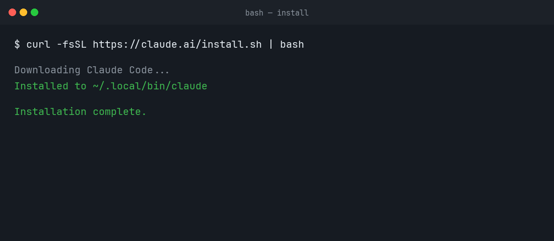 Terminal running the Claude Code native install script with curl