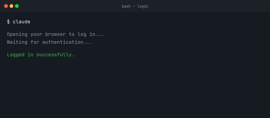 Terminal showing the Claude Code login flow opening a browser