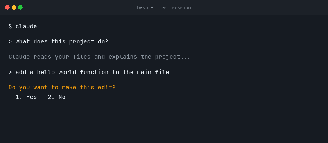 First Claude Code session asking a question and approving a file edit