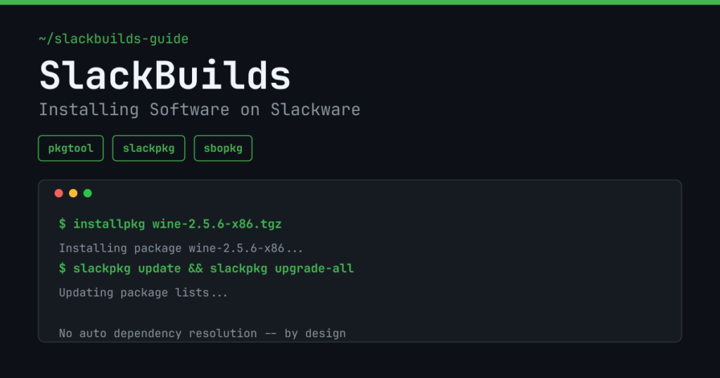 Terminal showing installpkg and slackpkg commands used to manage Slackware packages