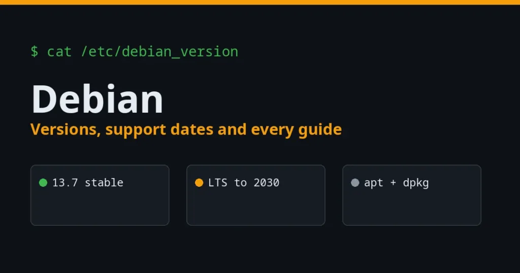 Debian guide cover: 13.7 stable, LTS to 2030, apt and dpkg