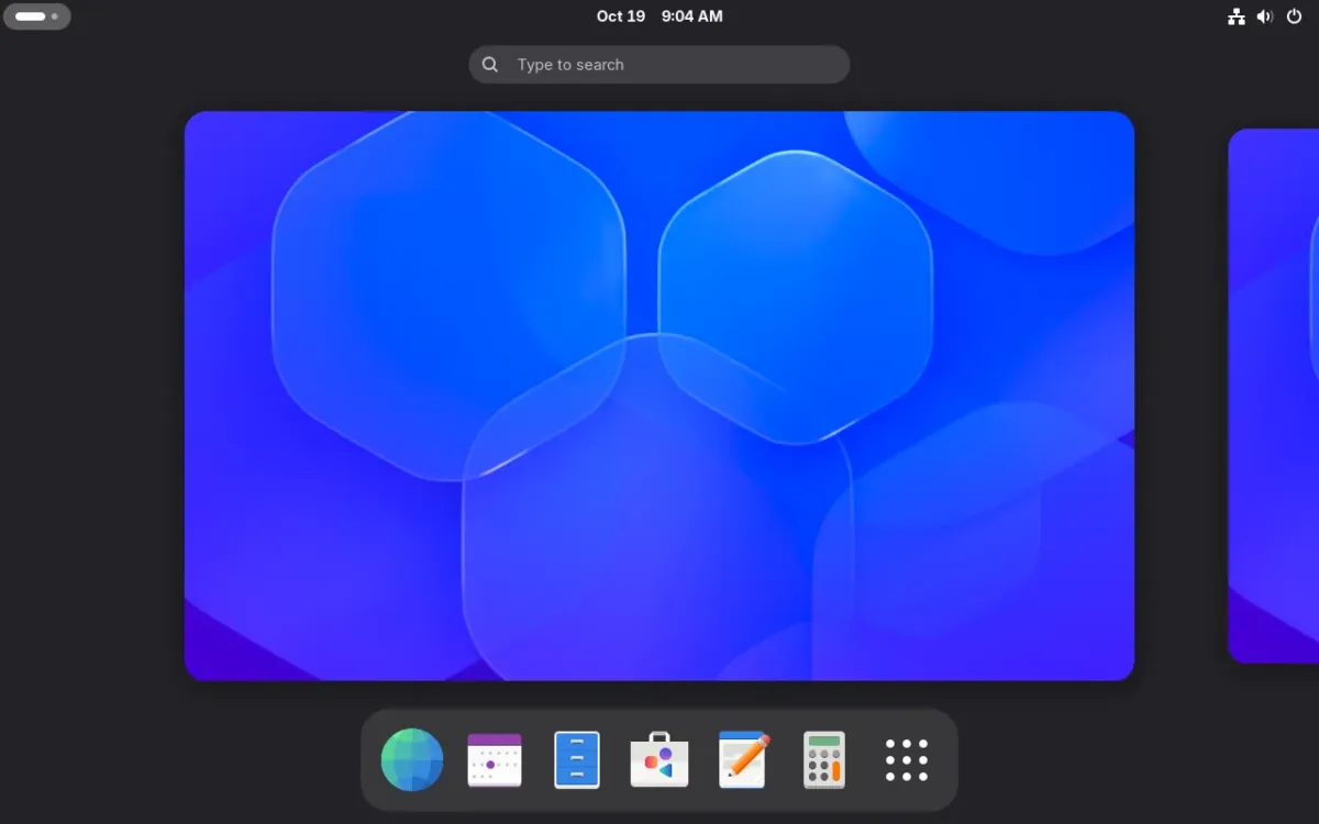 GNOME OS 51 desktop overview with the dock showing Web, Calendar, Files, Software, Text Editor and Calculator