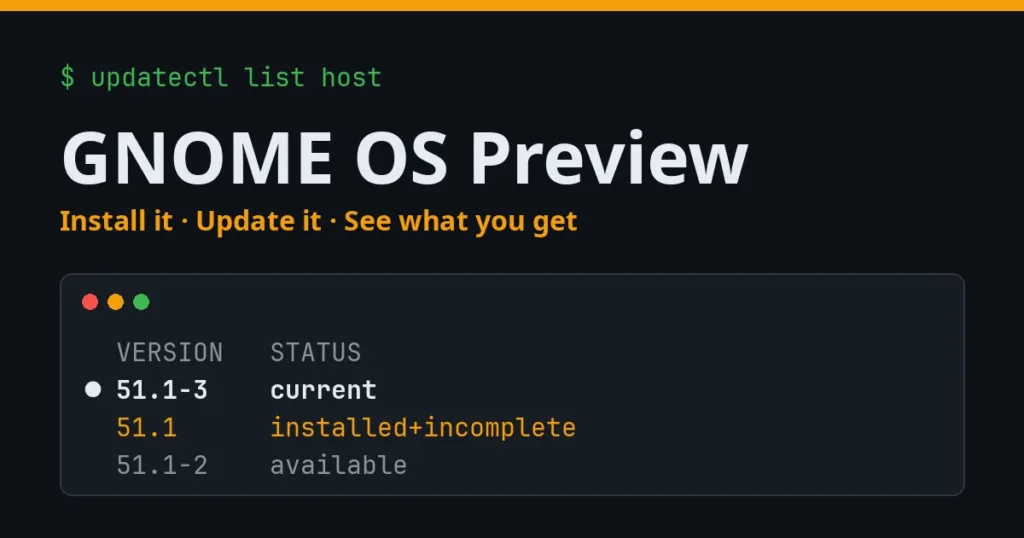 GNOME OS Preview 51.1 in the terminal: updatectl list host showing 51.1-3 as current