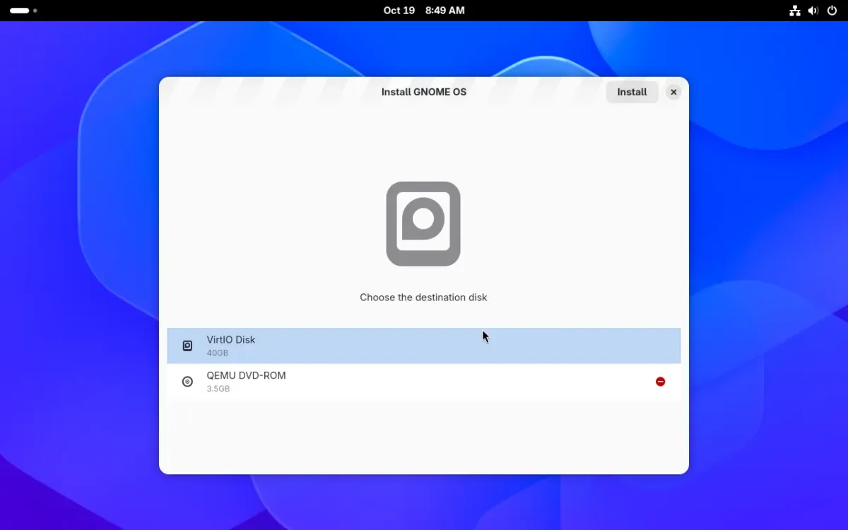 GNOME OS installer disk selection with a 40 GB VirtIO disk selected and the DVD-ROM marked as unavailable