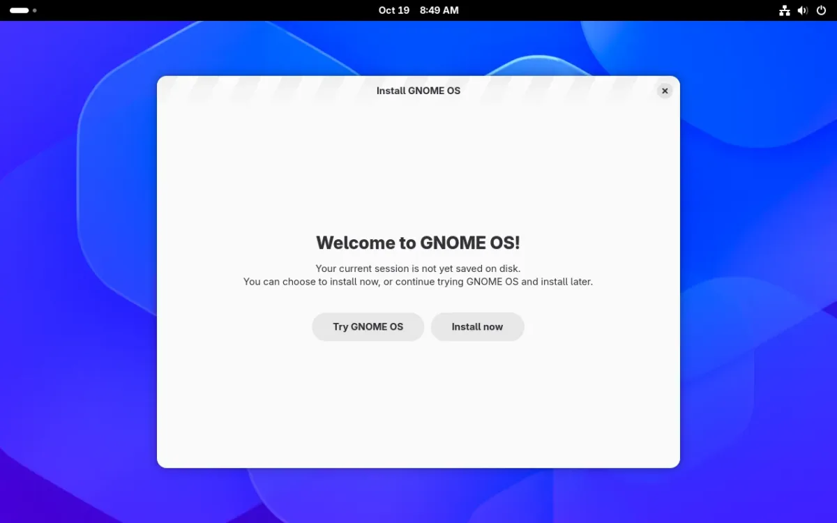 GNOME OS live session with the Install GNOME OS window offering Try GNOME OS or Install now
