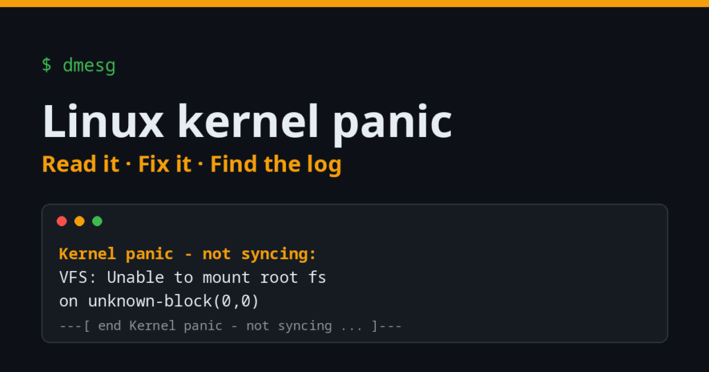 Terminal window showing the Linux kernel panic message: Kernel panic - not syncing: VFS: Unable to mount root fs on unknown-block(0,0)