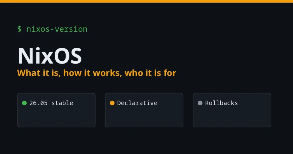 NixOS guide cover: 26.05 stable, declarative configuration, rollbacks