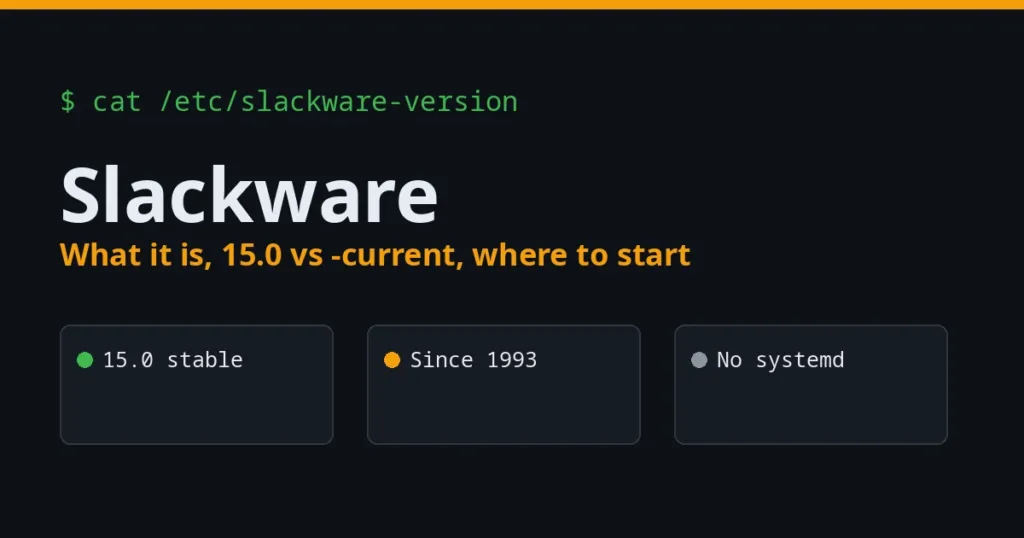 Slackware guide cover: 15.0 stable, maintained since 1993, no systemd