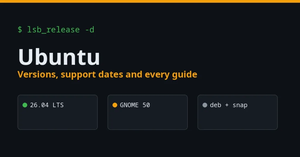 Ubuntu guide cover: 26.04 LTS, GNOME 50, deb and snap packages